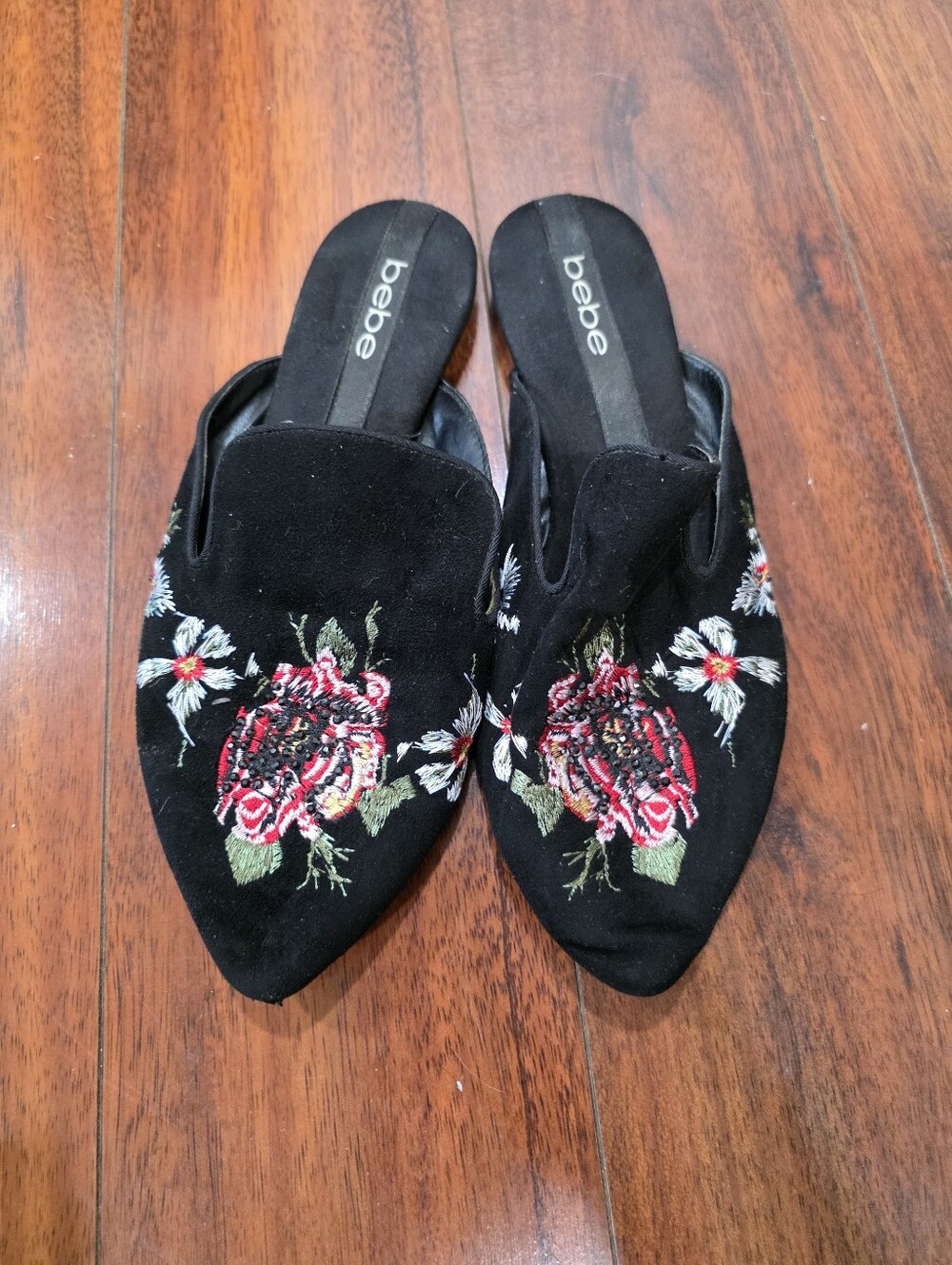 BEBE black Embroidered Slip On Mules